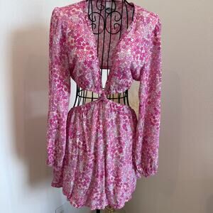 Sky to Moon Pink Floral Long Sleeve Cut Out Dress Medium- cottage, romantic